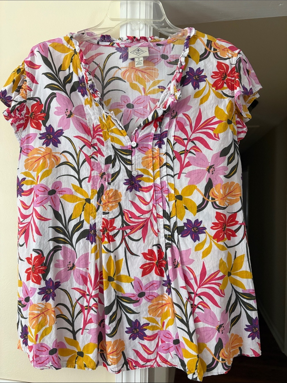 St. John's Bay Pink, Yellow & Purple Floral Button-Front Short Sleeve Top